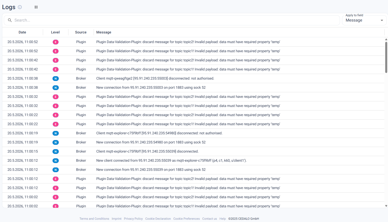 Real-time MQTT Broker Logs viewer with filtering by level and plugin