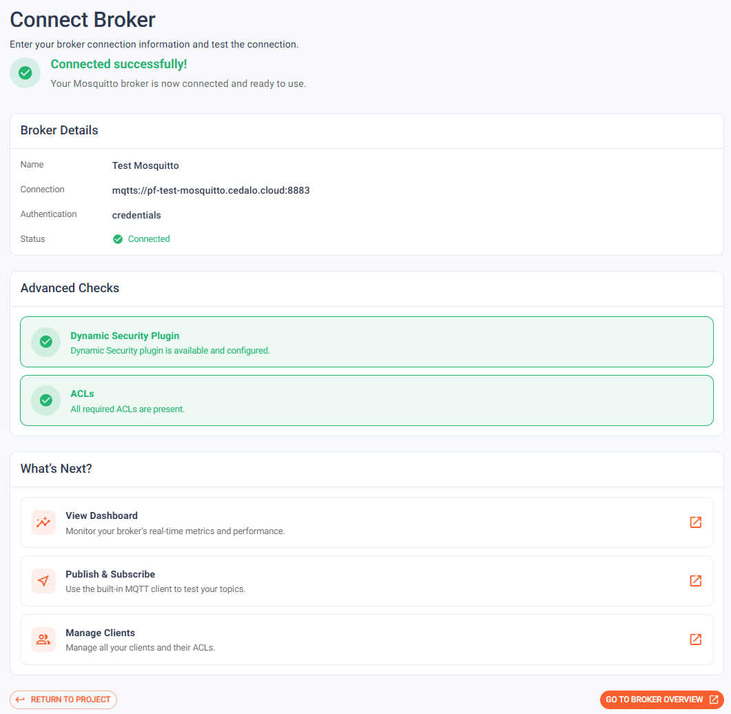Cedalo MQTT Platform Onboarding Wizard guiding the user through the Connect Broker step with inline credential and endpoint reachability validation