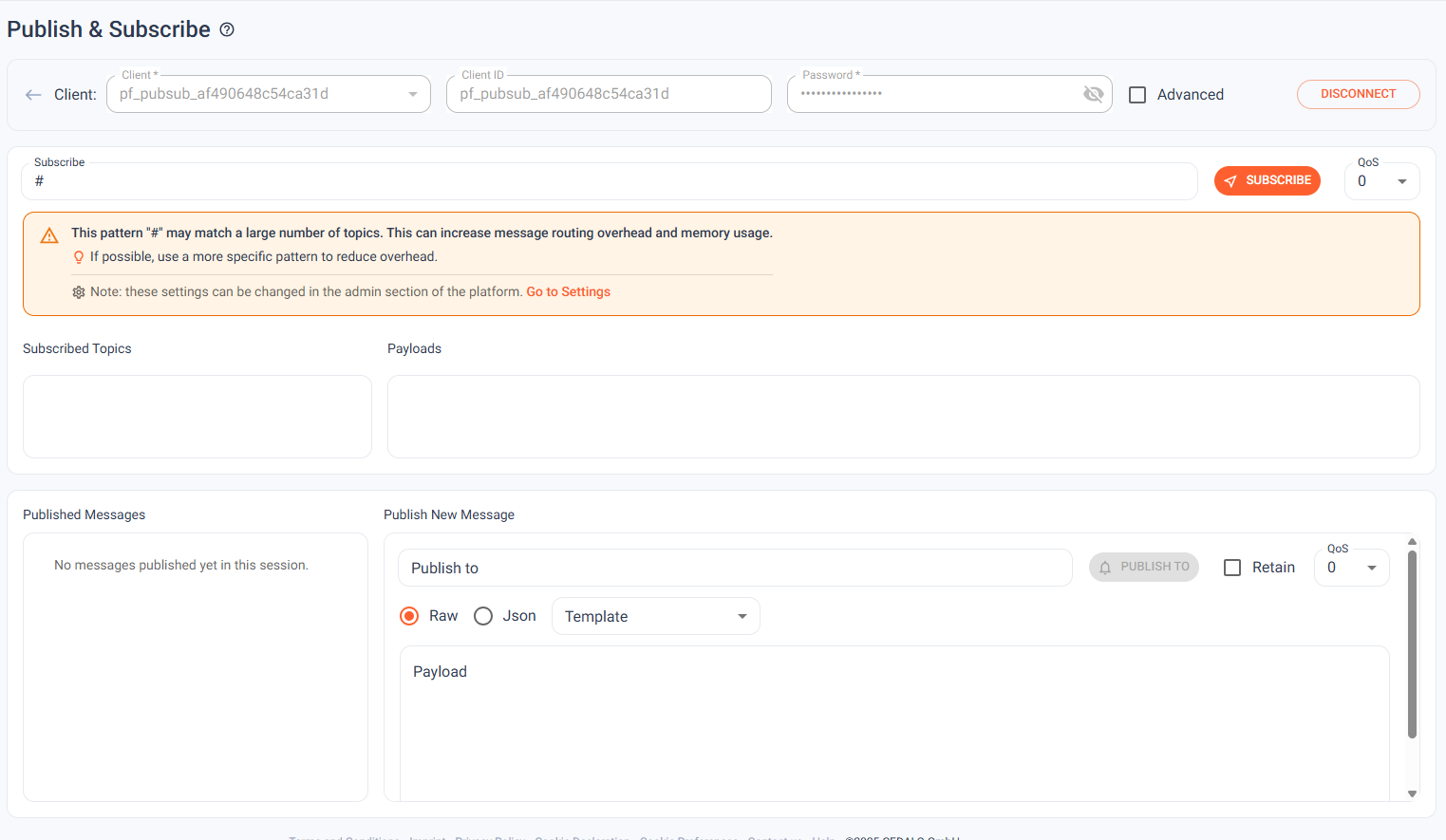 Cedalo MQTT Platform Web UI Pub/Sub client showing a rate-limiting warning when a client attempts to subscribe to the root wildcard '#'