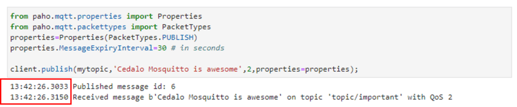 Python code to publish an MQTT message and showing the output