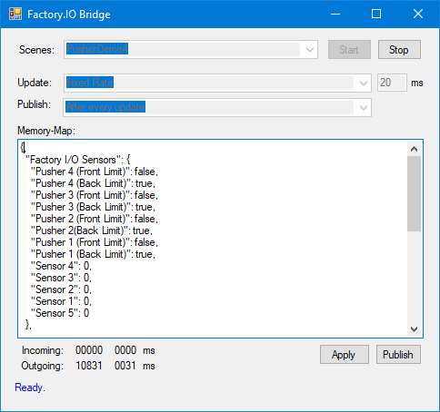 This shows a screenshot of the FactoryIO MQTT bridge reflecting the live status of the sensors and actuators as JSON
