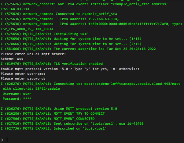 Console view of the ESP32 MQTT Demo Application after entering the mandatory information