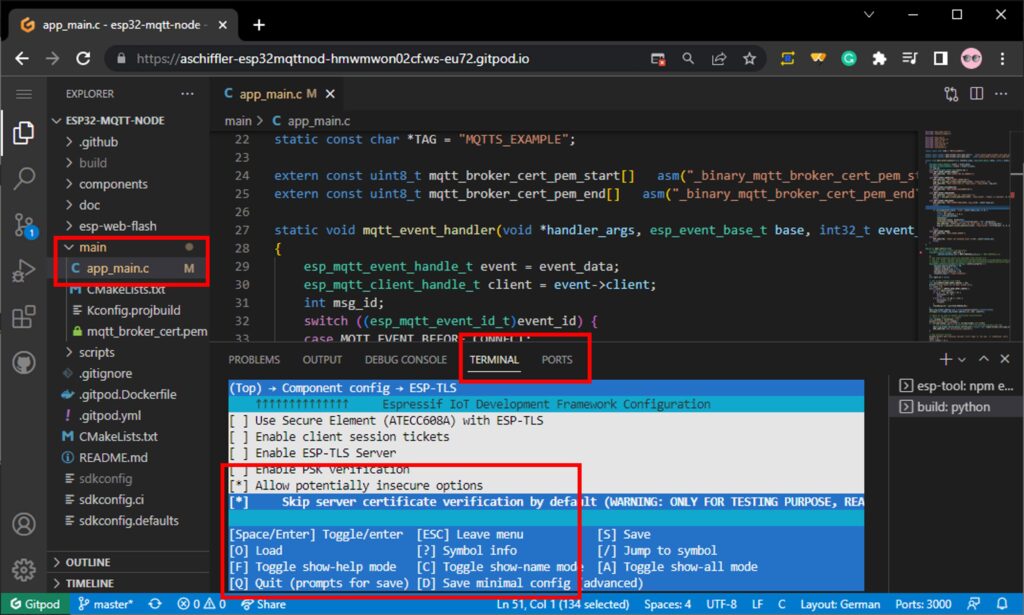 Screenshot of the browser-based development environment with marked important parts