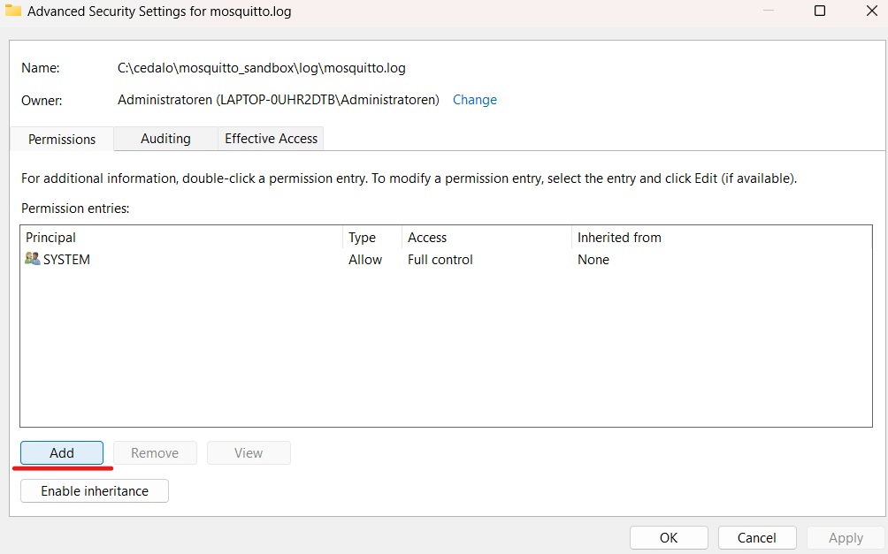Adding "SYSTEM" to the mosquitto log advanced security settings