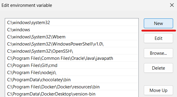 Edit environment variable window