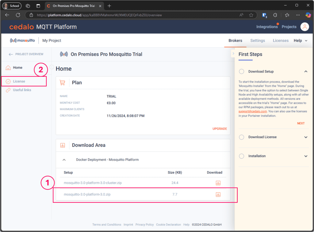 Downloading the necessary Pro Mosquitto MQTT broker deployment and license files via the Cedalo MQTT Platform.