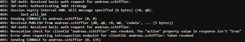 Resulting log output from the Pro Mosquitto broker.