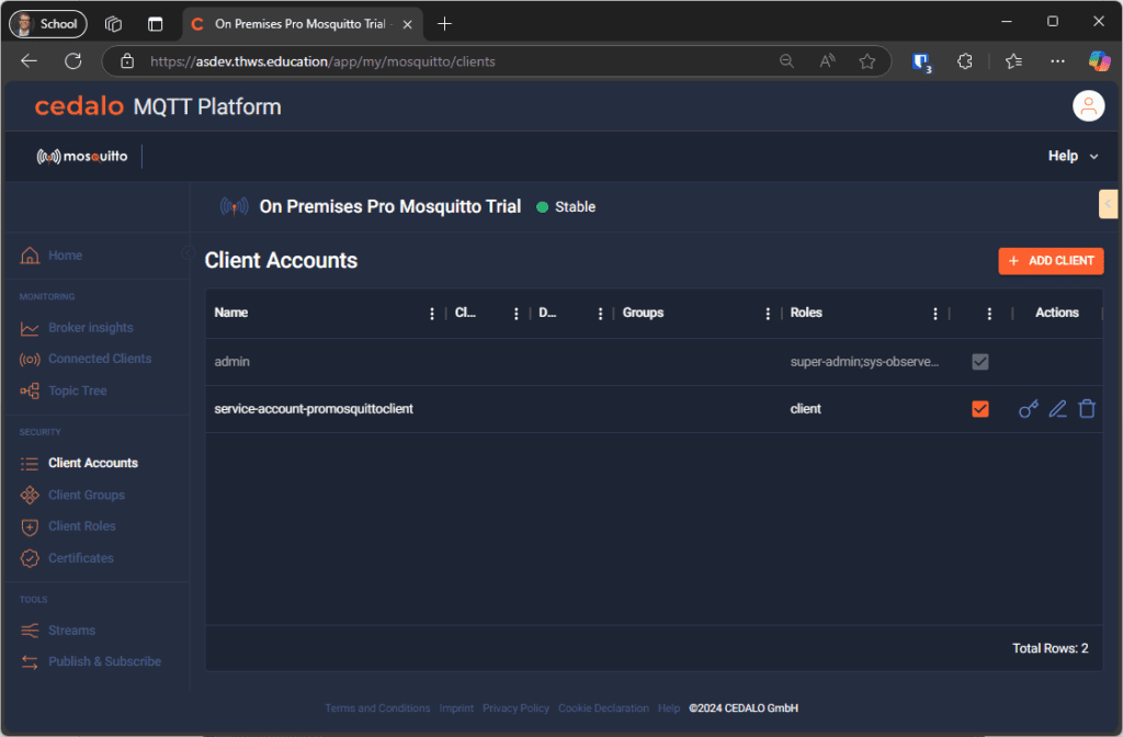 Created client accounts on the selected broker instance