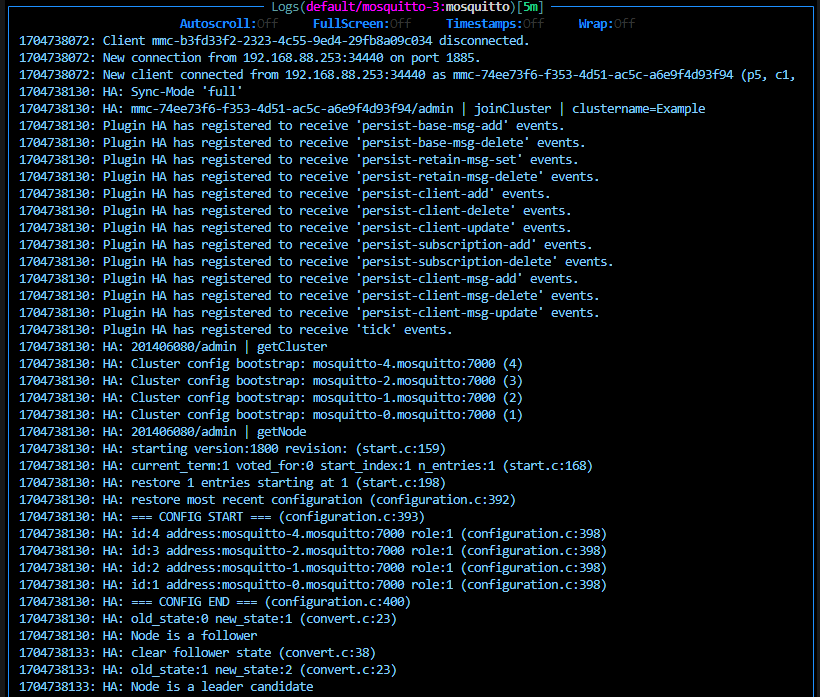 Log output of one MQTT broker after adjusting cluster configuration by one broker