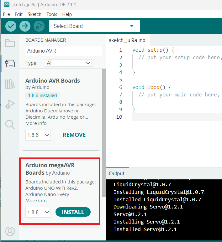 Arduino megaAVR Boards package installation.