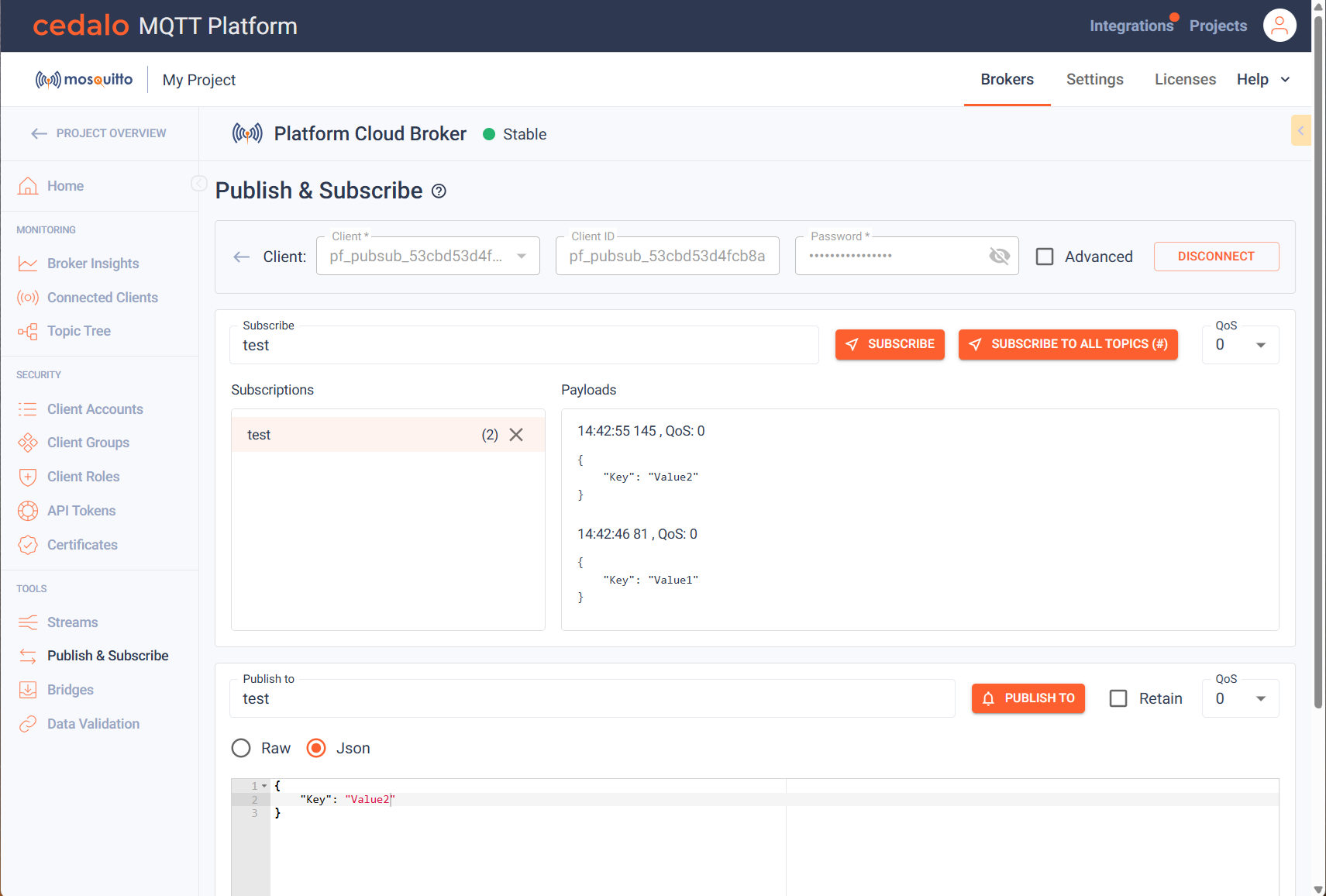 The Publish and Subscribe web client in the Cedalo Management Center: a connected client subscribed to the topic 'test', showing received JSON payloads and a publish form with raw or JSON payload, QoS, and retain options