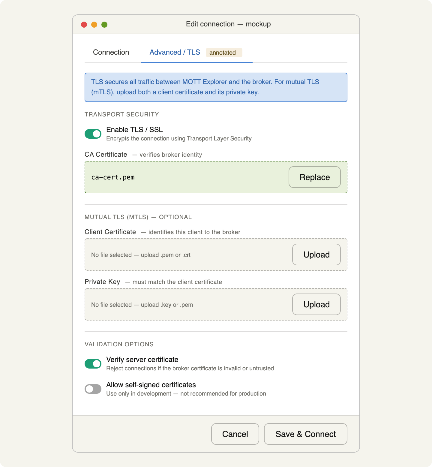 The Advanced section of the MQTT Explorer connection dialog with the CA certificate, client certificate, and private key fields for TLS