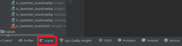Button to access Logcat in the Android Studio.