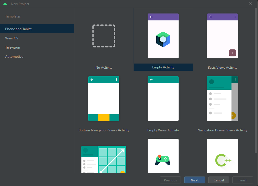 Select the "Empty Activity" template to create a new project.