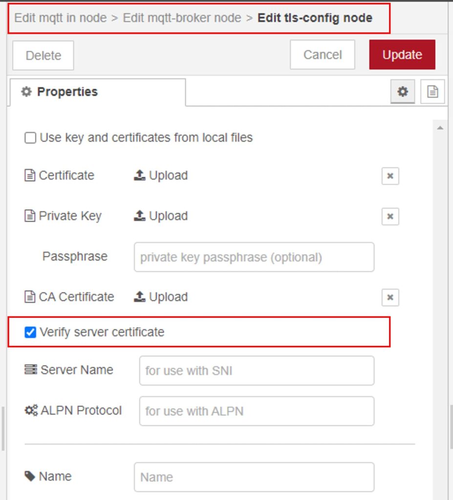 Node-RED MQTT client configuration for verifying TLS certificates