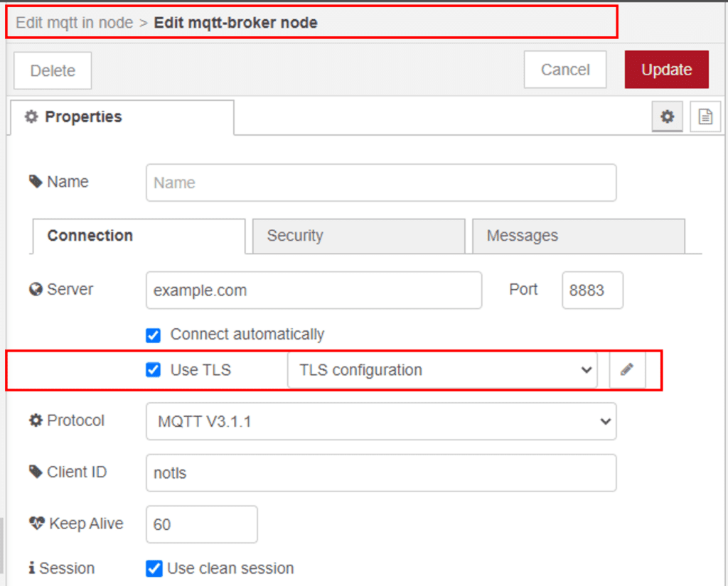 Node-RED client configuration for MQTT TLS encryption
