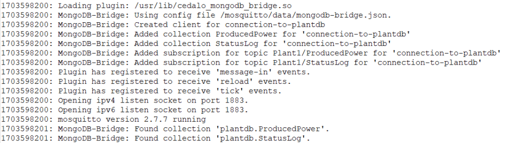 Pro Mosquitto docker log showcasing log entries of MongoDB