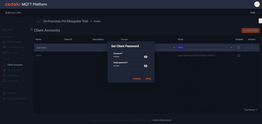 Creating a new MQTT client via the Cedalo MQTT Platform
