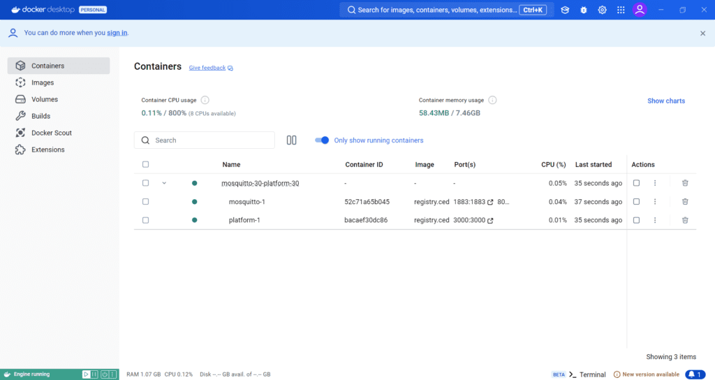 Dashboard of the Docker desktop