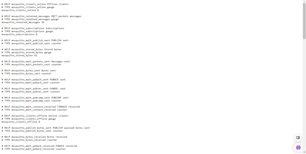 Verification that the Prometheus Exporter is exposing Pro Mosquitto metrics

