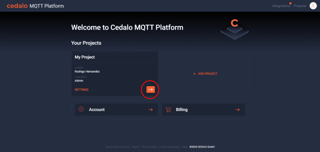 Cedalo MQTT Platform welcome page after first login