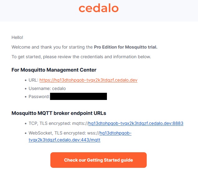 Pro Mosquitto trial confirmation email with MMC credentials and endpoint URLs