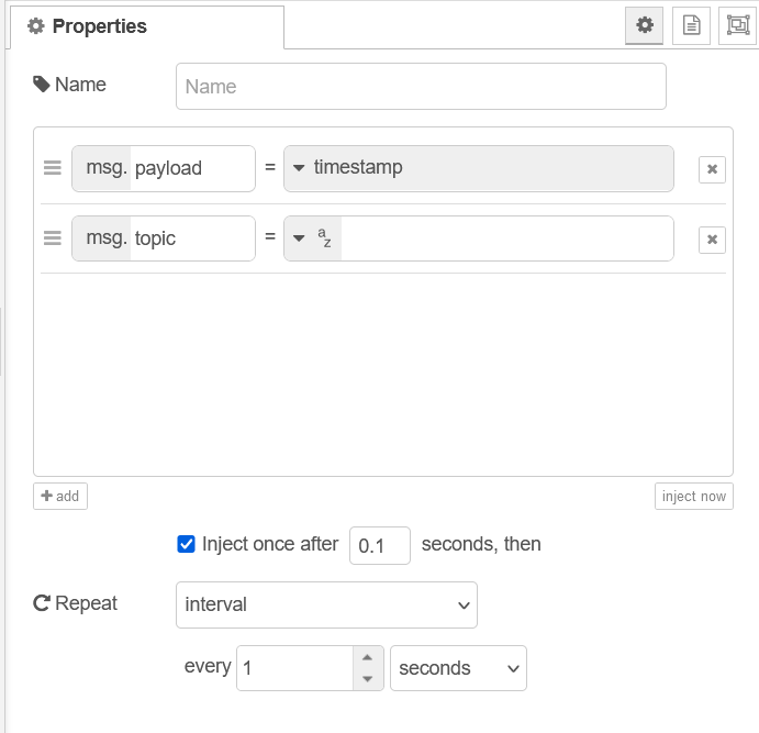 Configuration of the timestamp inject node for MQTT publishing tests.
