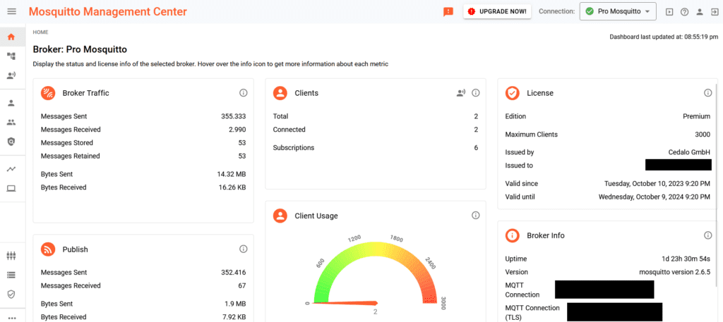 Pro Mosquitto Management Center (MMC) dashboard