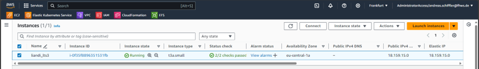 EC2 instance overview in the AWS Dashboard with the selected option to connect to the marked instance.