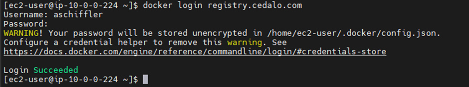Successful login process for the Cedalo registry.