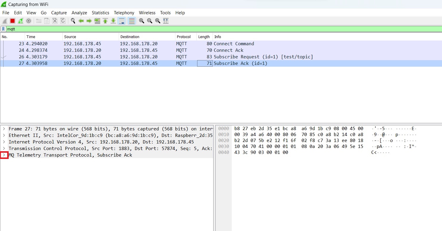 Network traffic logged during subscription operation in Wireshark